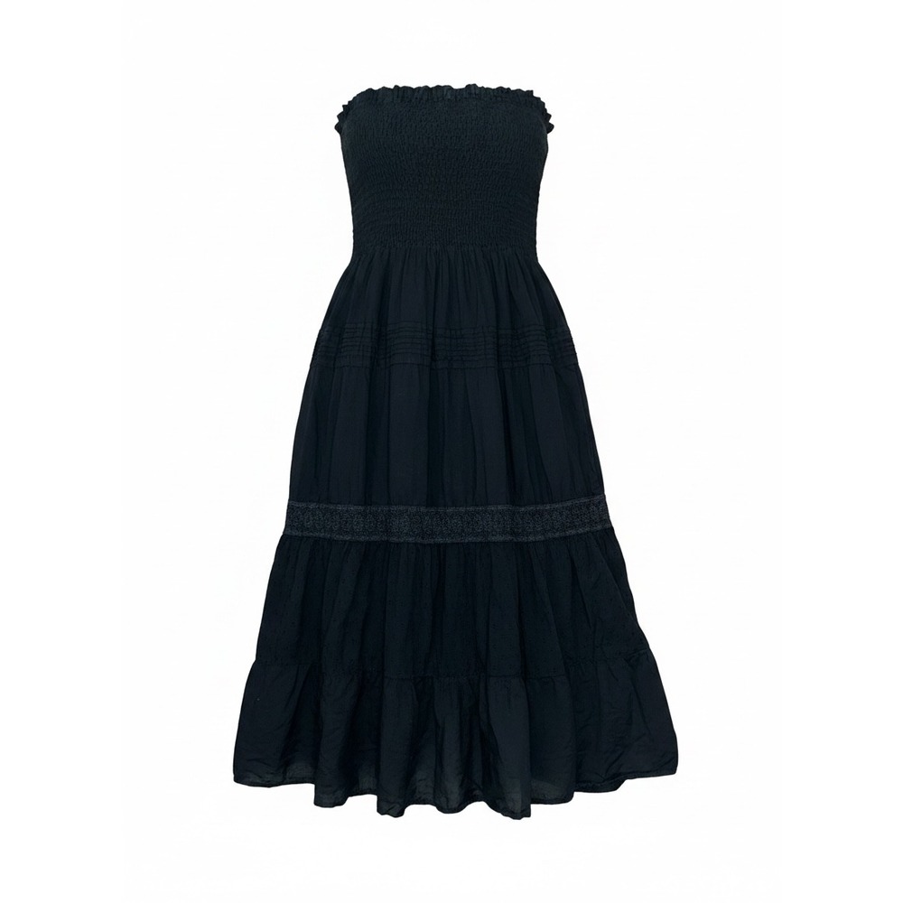 Grand Central New York Black Smocked Strapless Tiered Eyelet Midi Dress Large